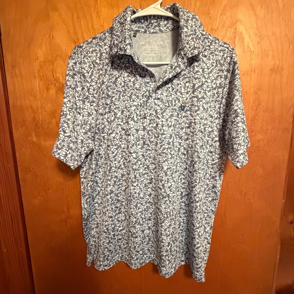 Under Armour White Polo with Navy‎ All-Over Print cattails creek golf club logo